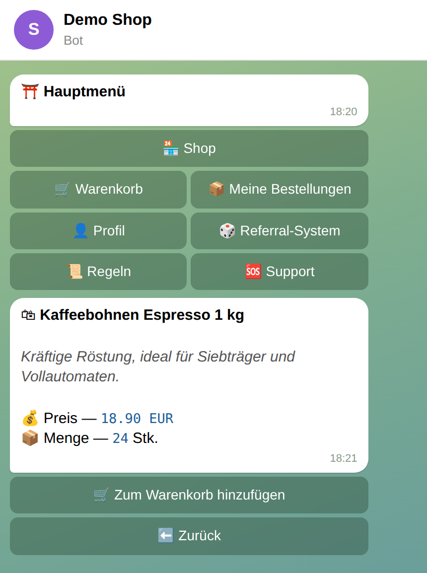 Hauptmenü und Produkt